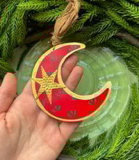 Image 2 of Red & Green Vintage Tin and Brass Moon Ornament