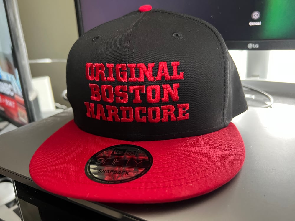 Black & Red New Era Flat Bill SnapBack “Original Boston Hardcore” Logo hat