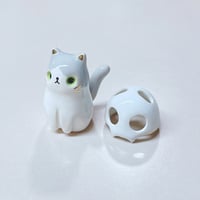 Image 3 of Gray And White Kitty With Skull Mask Ceramic Figurine 3 