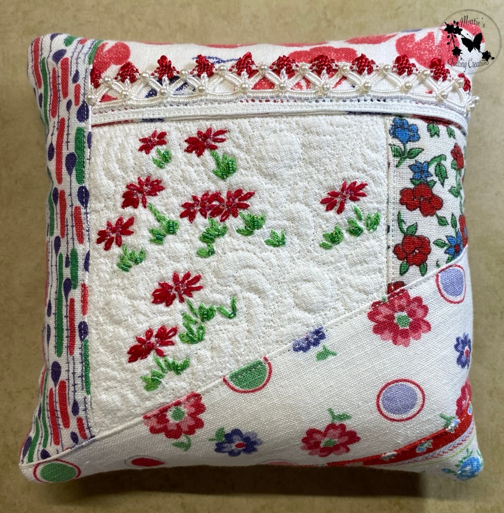 Image of Vintage Pincushion- Red Flowers
