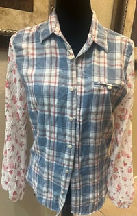 Image 3 of Vintage Funky Blue/White/Pink Flannel Shirt Rose Print Sleeves and Octopus