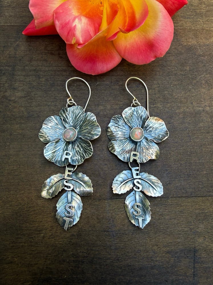 Image of Dog Rose Flower "RESIST" Ethiopian Opal Earrings