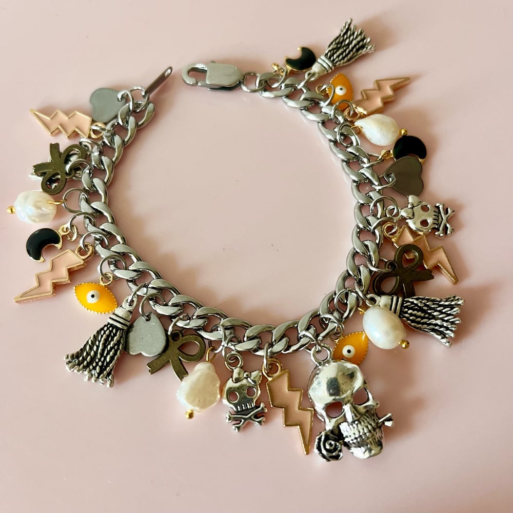 Image of One Of A Kimd Charm Bracelet- Skulls/lightning Bolt