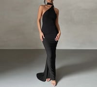 Image 1 of Irene Black Sexy Backless Pleated Solid Color Sleeveless Dress