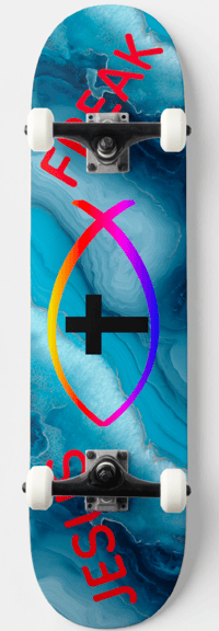 Image 2 of 7 3/4" Skateboard ( JESUS FREAK WITH FISH AND CROSS ON BLUE)
