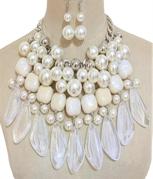 Image of Joyce of love SILVER WHITE NECKLACE SET PEARLS MILKY STONES