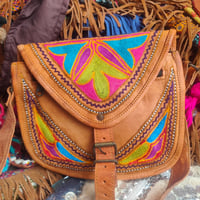 Leather Saddle Bag with Embroidered Detailing