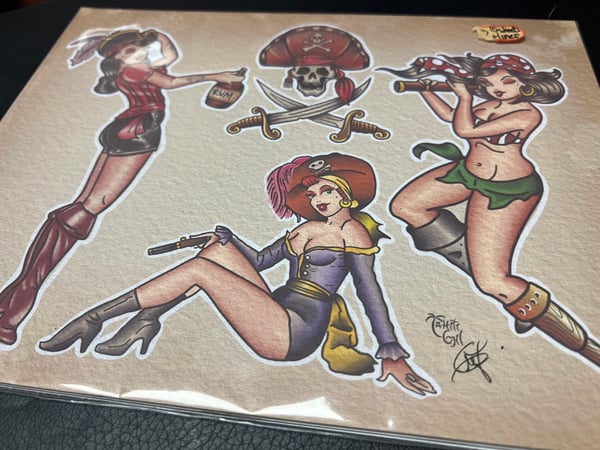 Image of 8”x10”  Pin Up Travel Tattoo Flash 02 Std Cardstock 10 Sheet Set w/ Lines