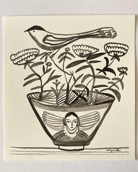 Image of angel bowl with bird and flowers - larger ink drawing 