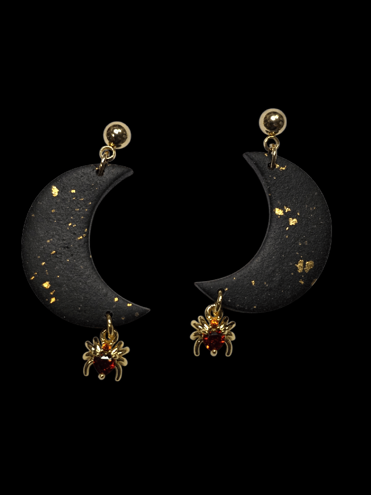 Image of Black & Gold Crescent Moon Spider Earrings 18k Gold Plated Polymer Clay Dangles