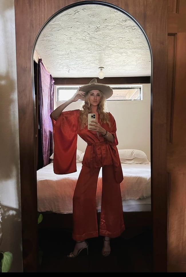 70s red satin kimono trouser suit