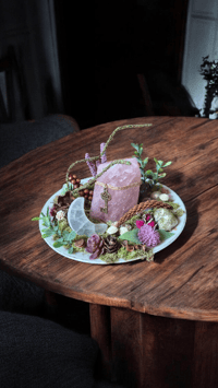 Image 1 of Rose Quartz Selenite Moon Crystal Garden, Vintage Saucer Display
