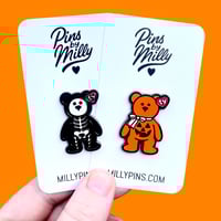 Image 1 of Halloween Pumpkin and Skeleton Bear Enamel Pin – Spooky Beanie Inspired Teddy