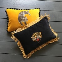 Image 3 of Black velvet cushion  with leopard embroidery patch and gold fringing