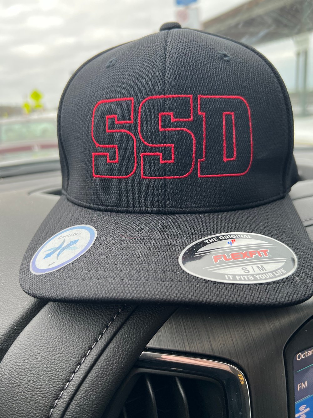 Black Flexfit hat with Red SSD outline logo 