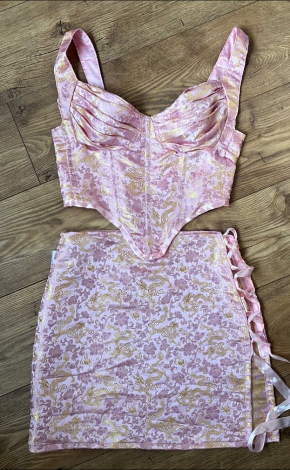 Pink and Gold Jacquard skirt with side split