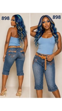 Image 3 of NWT Sz. 14 Apollo belted Beaded Denim Capri #914*19