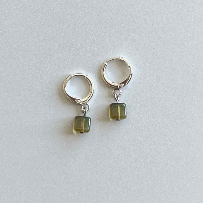 green glass square huggie hoop earrings