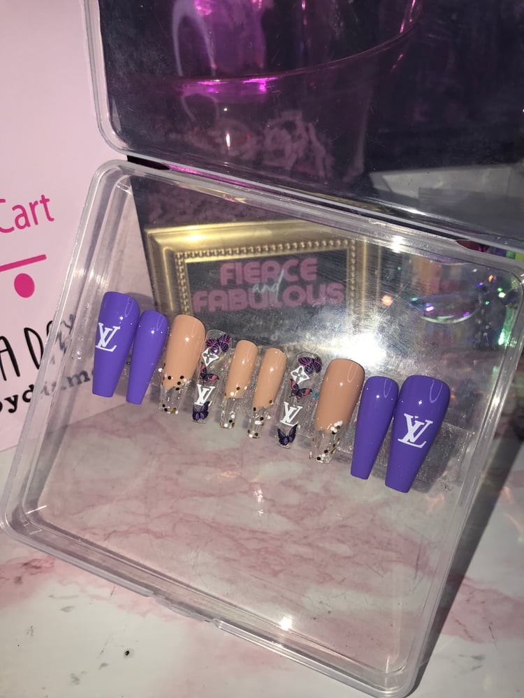 Image of LV Purple Butterfly Medium Length Coffin Nail Set 