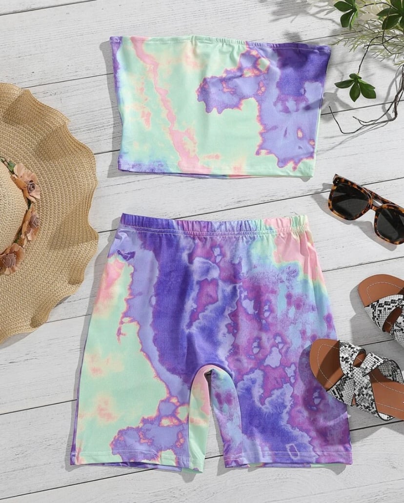 Image of Tie Dye Crop Tube Top With Biker Shorts 