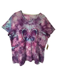 Image 2 of ♻️ UPCYCLED XL Petite Unisex Heart Tee in Pinkish Purple Ice Dye