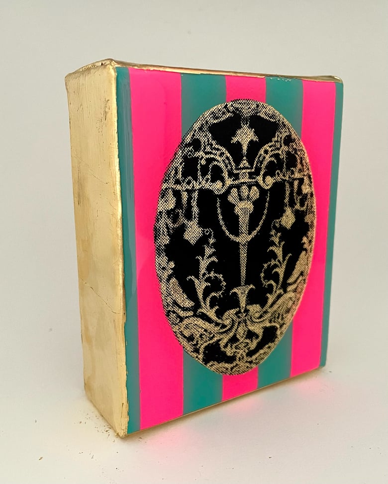 Image of Faberge Egg Hot Pink/Aqua Stripe Black/Gold leaf 