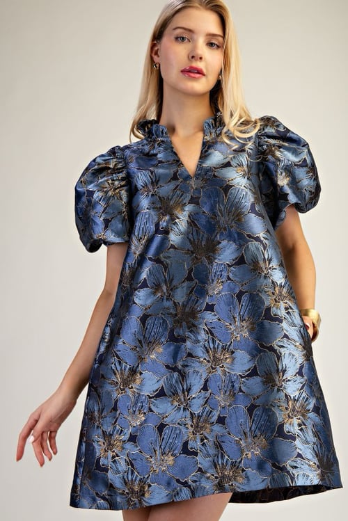 Image of Blue Floral Puff Sleeve Dress 
