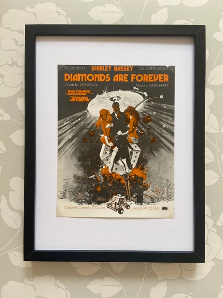Image of Diamonds Are Forever, James Bond film, framed 1971 vintage sheet music