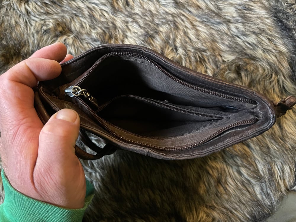 Upcycled Leather Fossil Purse With Laser Engraved Grizzly Bear 
