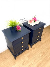 Image 3 of Pair of Stag Minstrel Bedside Tables / Bedside Cabinets / Chest Of Drawers painted in navy blue 