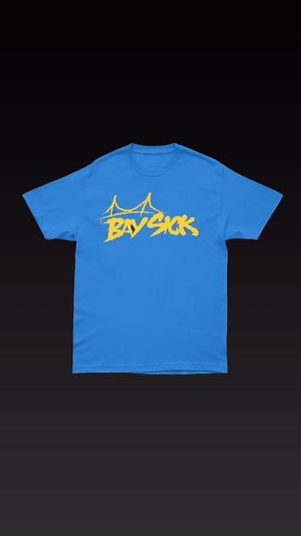 Image of BaySick Tee. Blue with Yellow logo. 