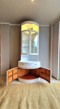 Image 3 of Tall, Mid Century, Curved Corner Drinks Cabinet unit with light in white - by Nathan