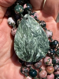 Image 4 of Madagascar Orbicular Ocean Jasper Mala with Seraphinite Pendant