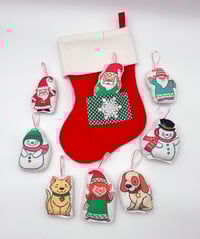 Image 2 of Red Stocking with Striped Pocket and Sewn Ornaments