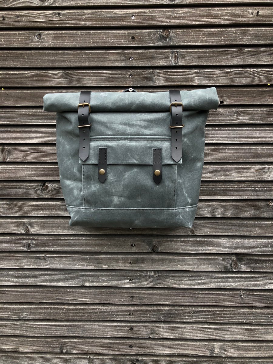 Image of Waterproof grey motorcycle bag in waxed canvas Saddle bag bicycle bag bike accessories