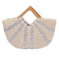 Image 1 of Faux Straw Handmade Metallic Stripe Wooden Handle Bag