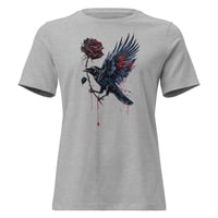 Image 7 of Women's Relaxed T-Shirt, Gothic Raven With Bleeding Red Rose Tee
