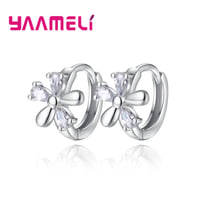 Image 1 of Cute CZ Flower Earrings Fine 925 Sterling Silver with AAA Cubic Zircon Stone Inlay Paved Hoop Loop J