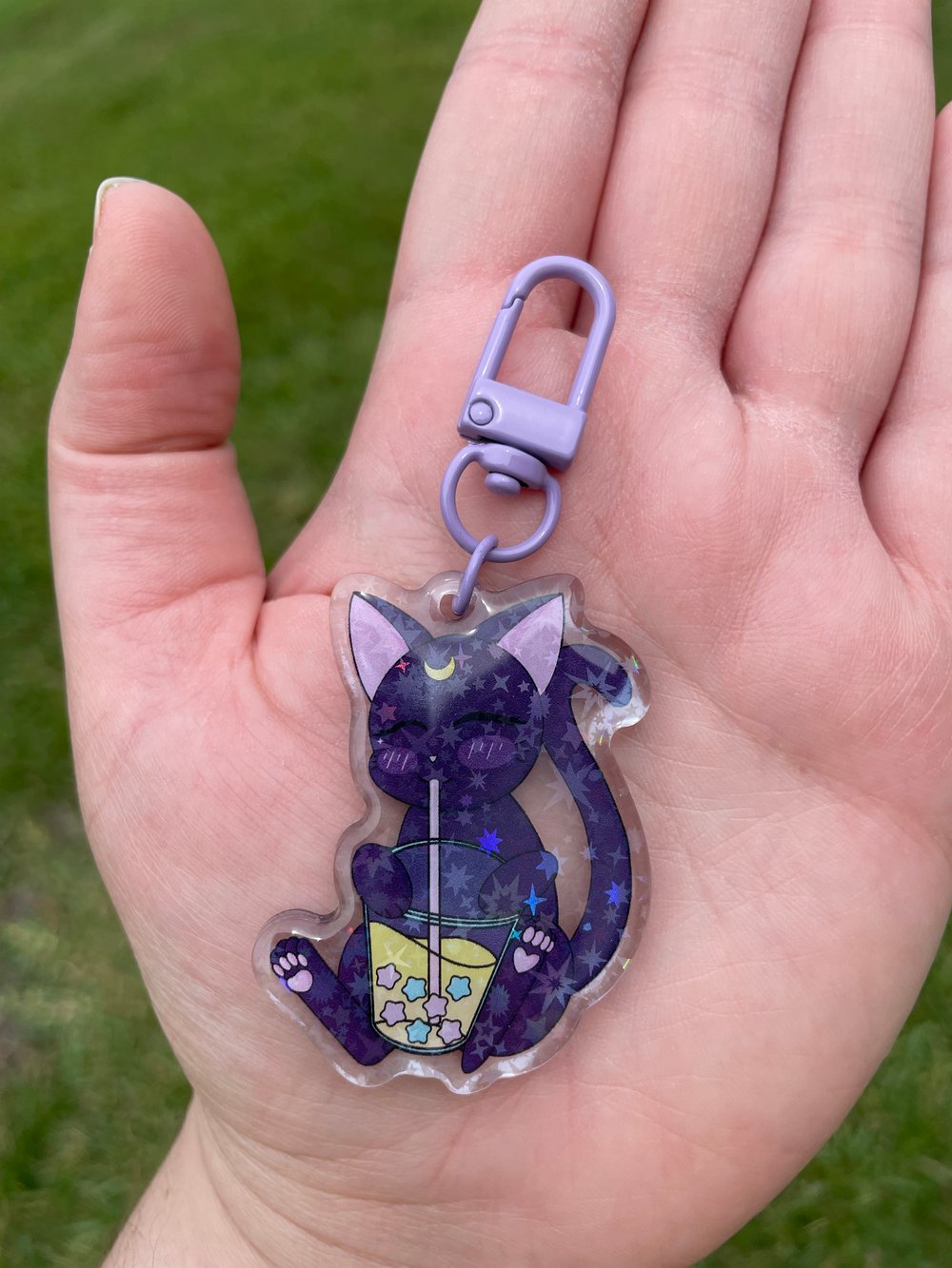 Image of Black Kitty Drinking Boba Plush Pillow & Acrylic Keychain