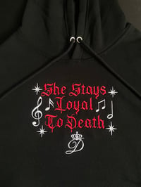 Image 1 of “She Stays Loyal To Death” Hoodie with stars & music notes embroidered (on center of chest)