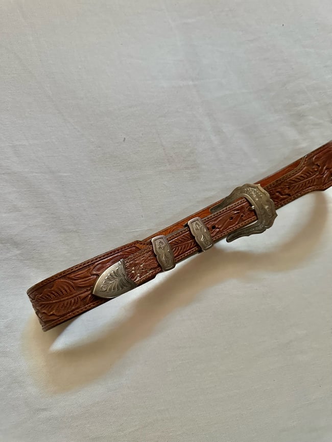 70s sterling silver leather Douglas Madnus Santa Fe belt ranger set