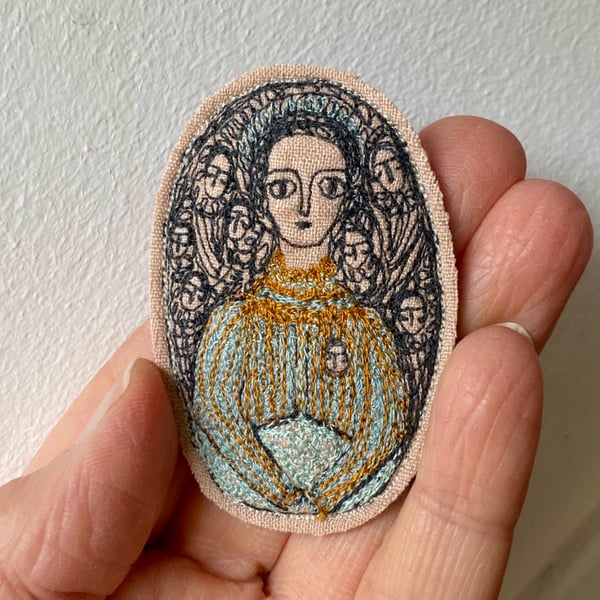 Image of portrait of a lady in pale blue and gold - embroidery brooch
