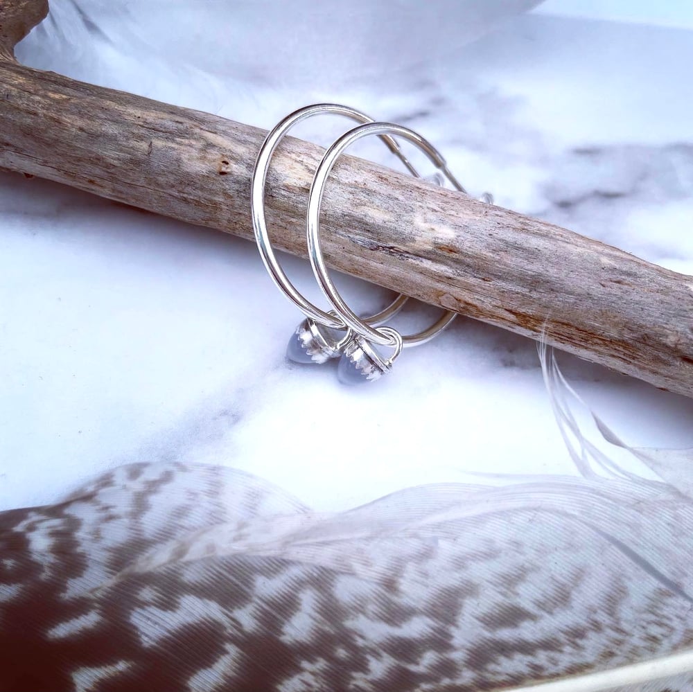 Handmade Blue Chalcedony Bullet Sterling Silver Hoop Earrings 925