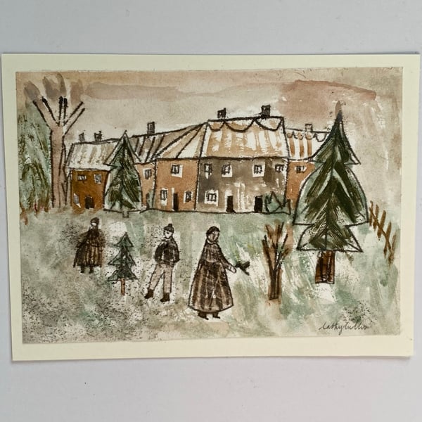 Image of Winter scene with fir tree - monoprint artwork 