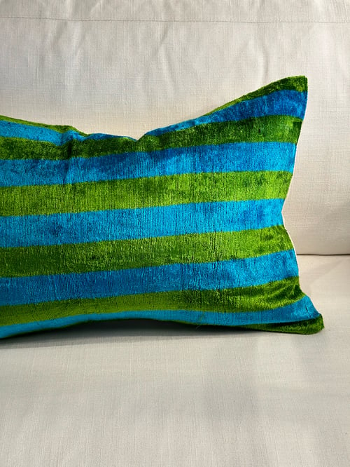 Image of Ikat Velvet Cushion Blue and Green Stripe 