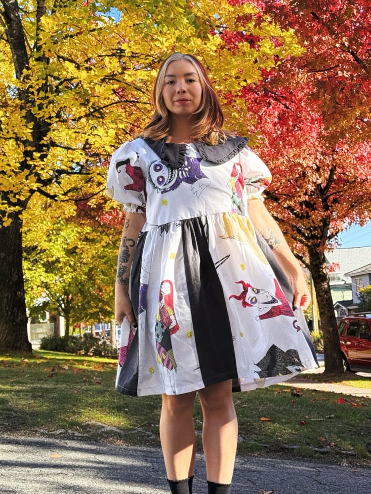 Image of Ruffle Collar Puff Sleeve Dress — Halloween Black Stripe