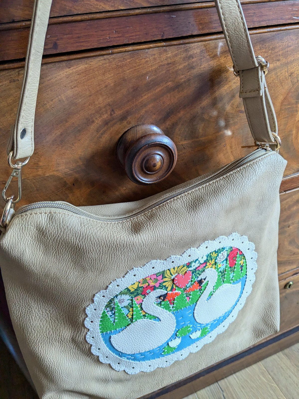 Image of Upcycled Beige Swan Lake Shoulder Bag