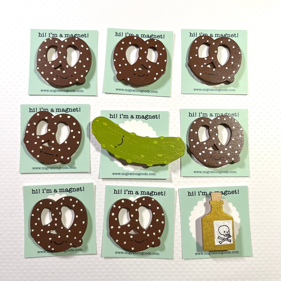 Image of handpainted pretzel (and a pickle and some poison) magnets