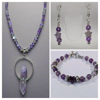 Image 1 of Amethyst Beaded Jewelry Set with Necklace Bracelet and Earringss