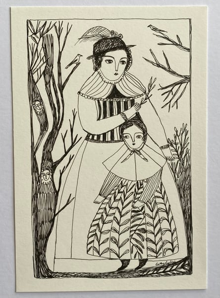 Image of A simple sprig - portrait of woman and girl - original drawing 